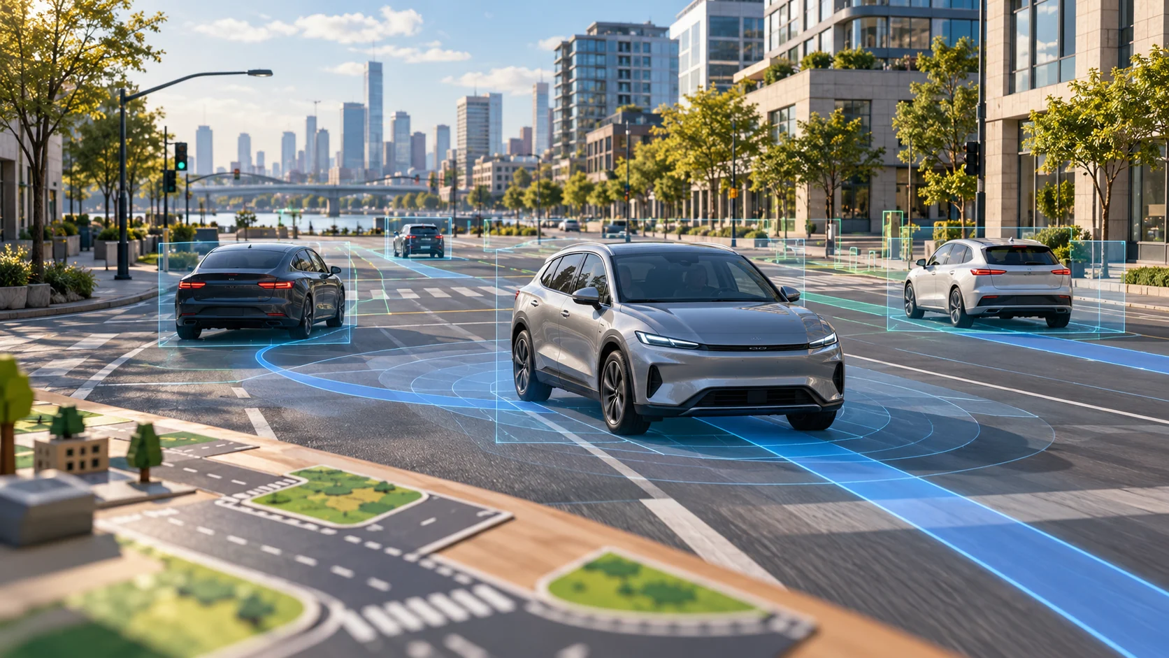 Concept image of full-size cars driving safely through a simulated city with digital route and perception overlays.